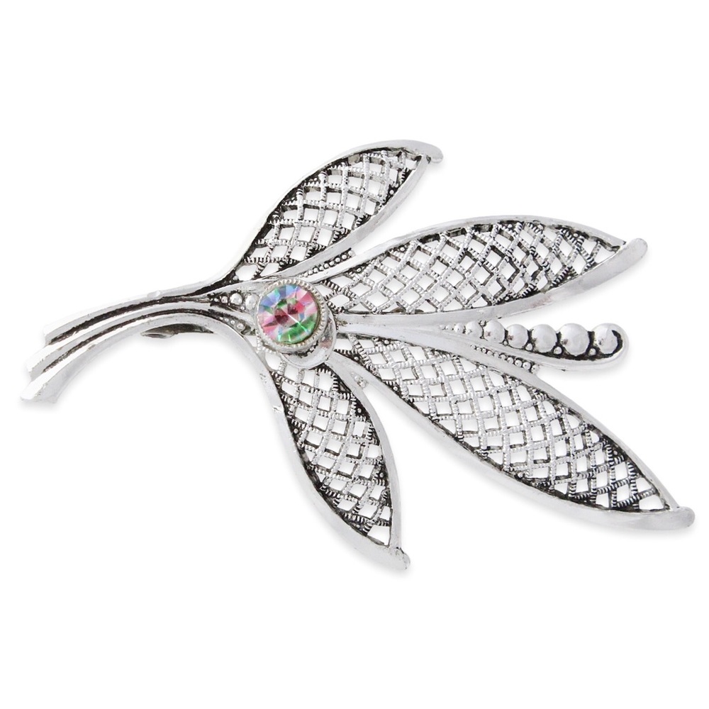 Antique Art Deco Iris Glass Leaf Brooch Silver Tone Rainbow Rhinestone Vintage